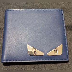 FENDI Monster Eyes True Blue Leather Bi-Fold Wallet Blue/Blue Made in Italy
